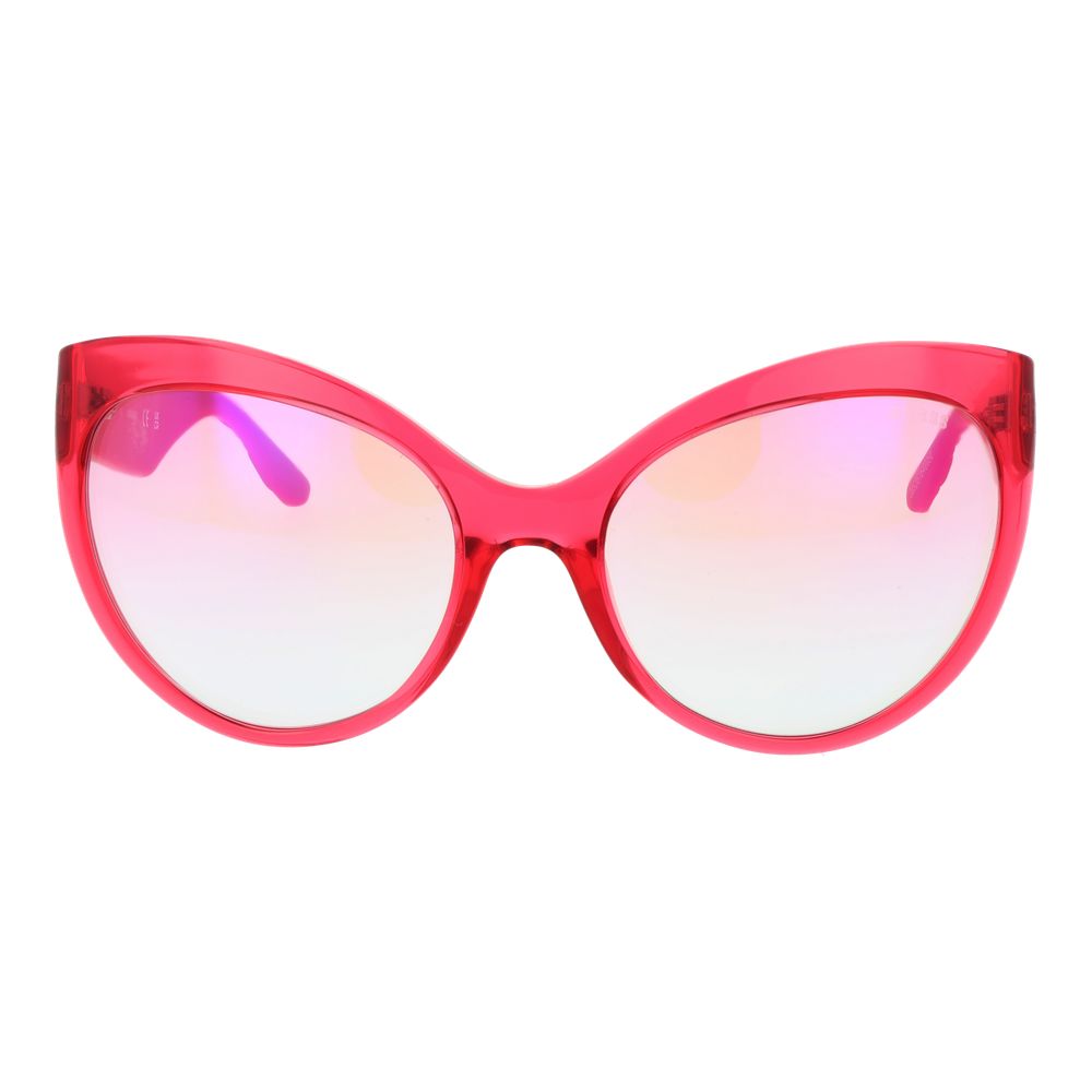 Sunglasses by Guess for women in stainless steel pink features a sumptuous silhouette, showcasing a sumptuous full-rim round frame design in rose coloured frame with high-performance mirrored category-1-light-tint lens.
