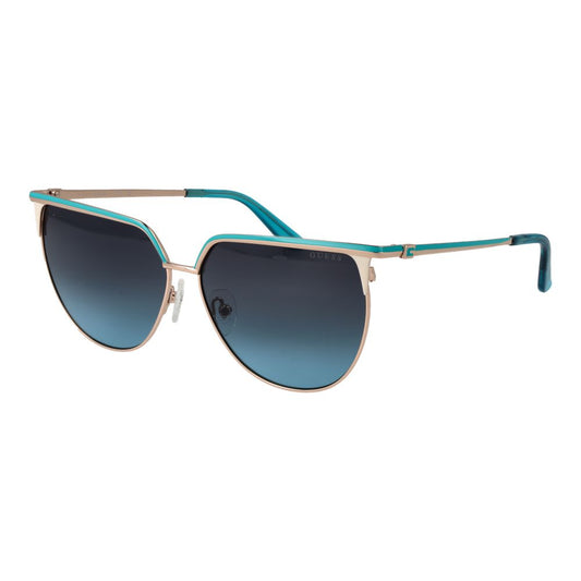 Sunglasses by Guess for women in metal gold features a sumptuous silhouette, showcasing a sumptuous full-rim cat-eye frame design in gold coloured frame with high-performance gradient category-3-dark-tint lens.