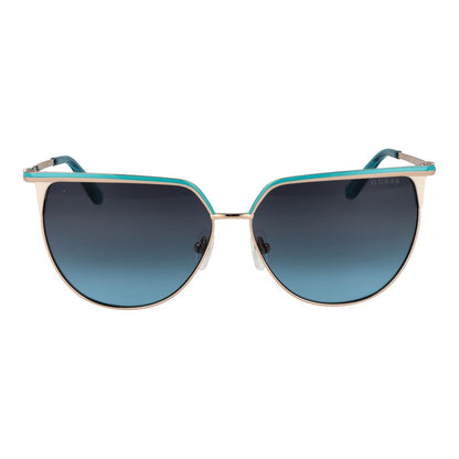 Sunglasses by Guess for women in metal gold showcases a ethereal silhouette, featuring gold coloured frame full-rim cat-eye frame design with gradient category-3-dark-tint lens for a ethereal finish.