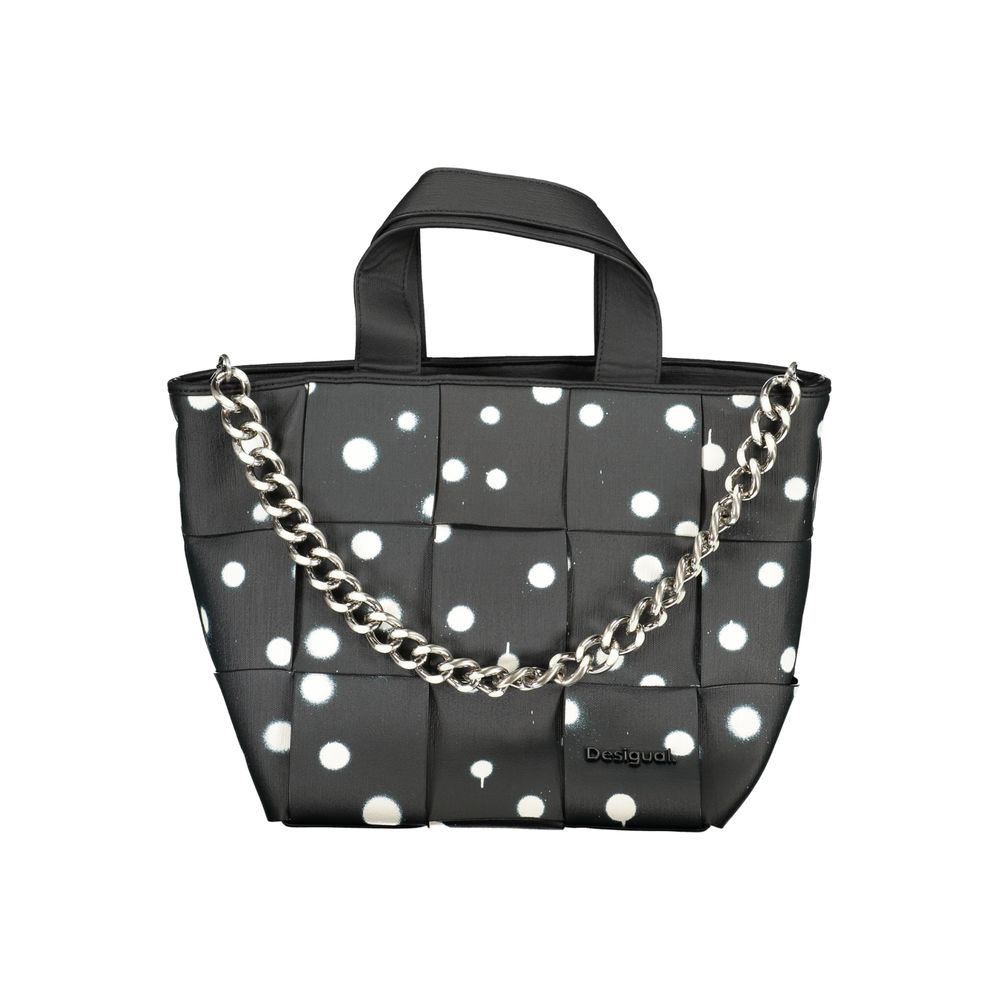 Crossbody Shopper Tote Handbag by Desigual for women in faux leather & canvas black & print features a signature silhouette, showcasing a secure zipper and signature with versatile crossbody-strap, adjustable-strap, detachable-strap & handle for a sophisticated look.