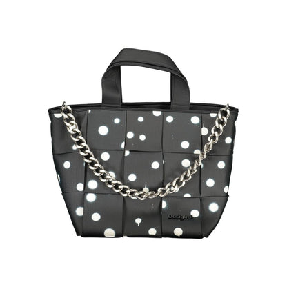 Crossbody Shopper Tote Handbag by Desigual for women in faux leather & canvas black & print features a signature silhouette, showcasing a secure zipper and signature with versatile crossbody-strap, adjustable-strap, detachable-strap & handle for a sophisticated look.