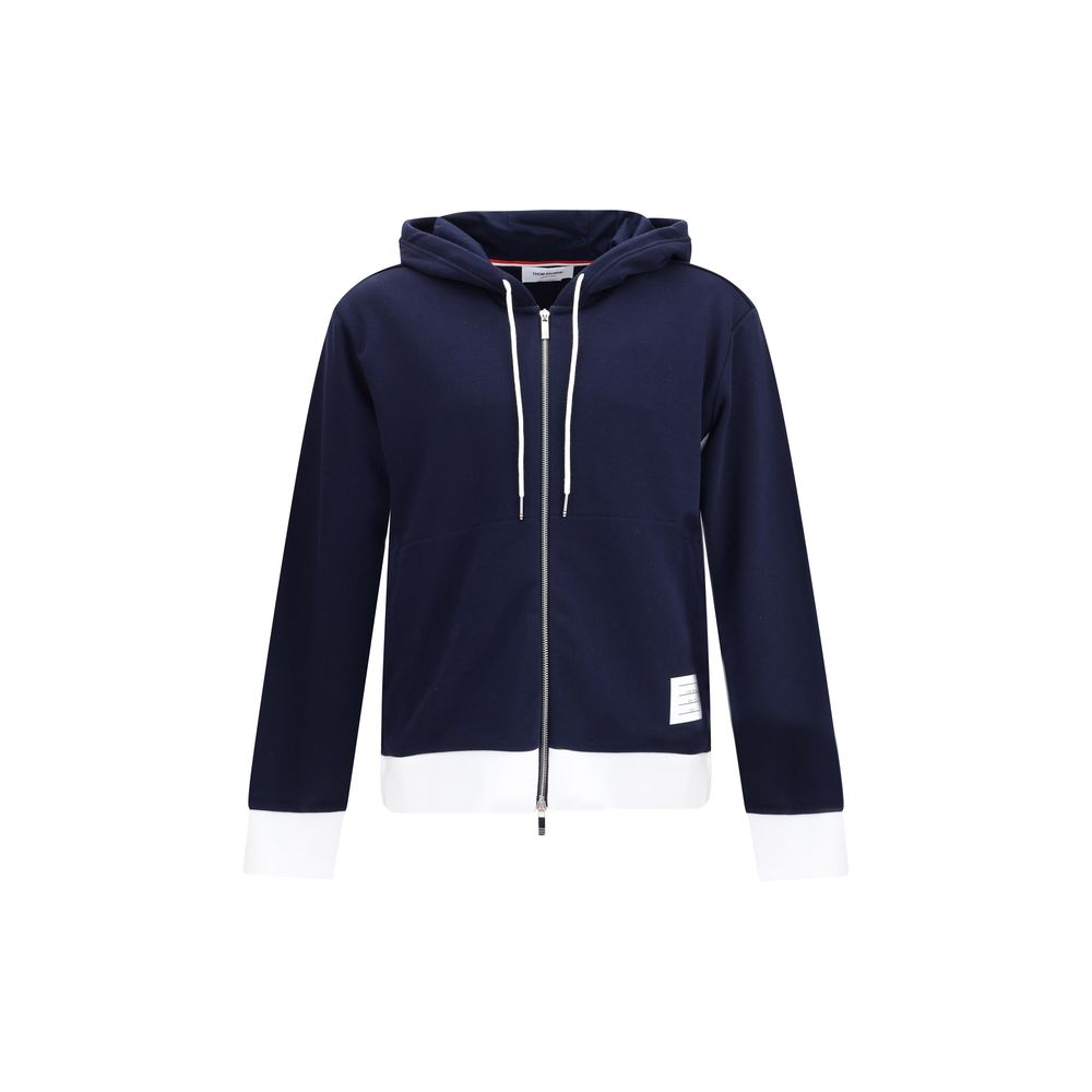 Sweatshirt Hoodie by Thom Browne for men in cotton blue & signature features an dramatic silhouette, showcasing a sophisticated hooded neckline and dramatic for a refined, modern aesthetic.