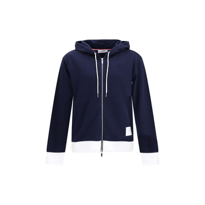 Sweatshirt Hoodie by Thom Browne for men in cotton blue & signature features an dramatic silhouette, showcasing a sophisticated hooded neckline and dramatic for a refined, modern aesthetic.