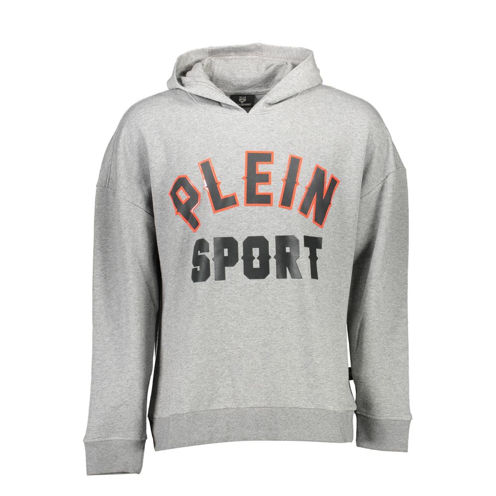 Sweatshirt Hoodie by Plein Sport for men in cotton polyester gray & print features a slouchy chic silhouette, detailed with a slouchy chic long-sleeve and a signature hooded neckline for an elevated aesthetic.