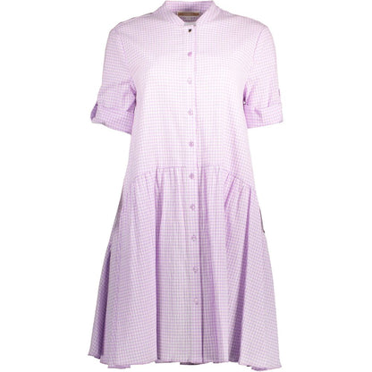 Dress by Kocca for women in cotton pink features an sultry silhouette defined by a round neckline and three-quarter-sleeve, falling to an sultry short for a sultry look.