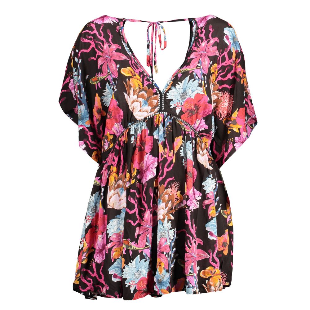 Dress by Desigual for women in viscose polyester cotton black & patterned presents a sinuous silhouette, showcasing a sophisticated and short-sleeve detailed with a sinuous short for a refined finish.
