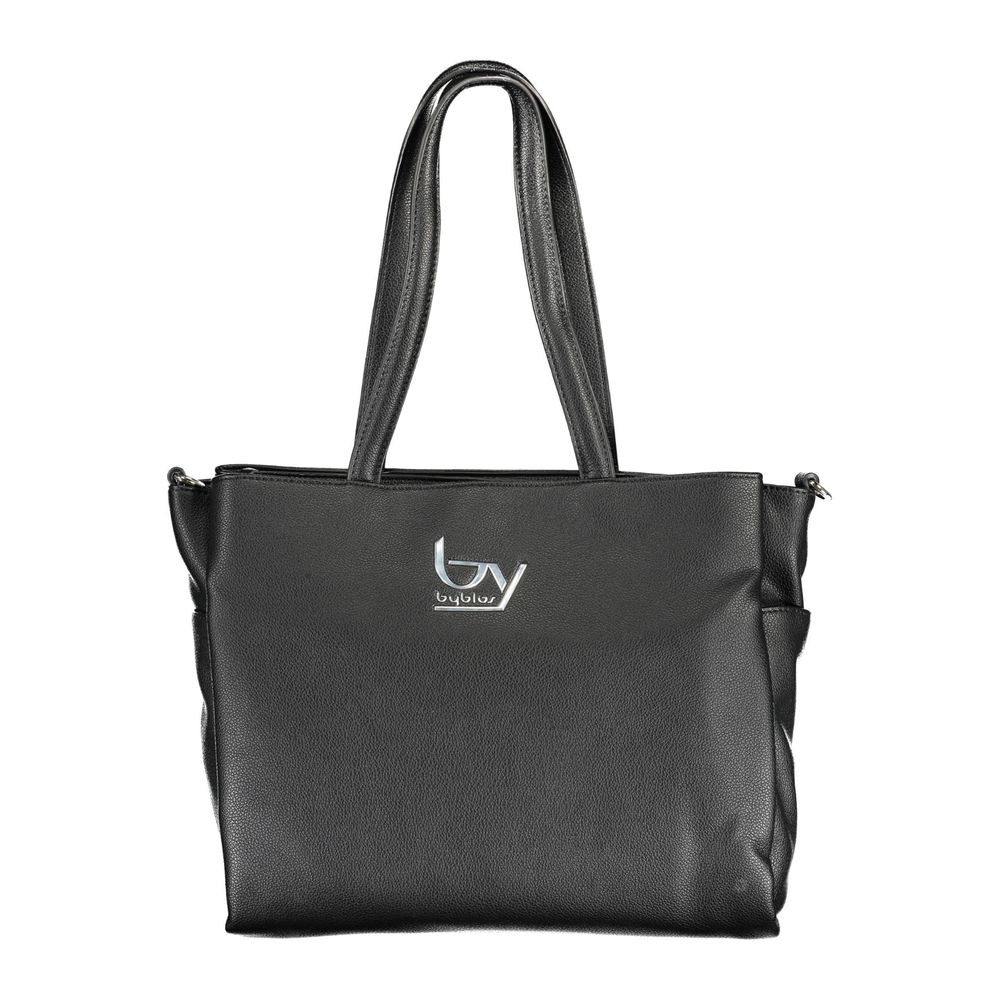 Shopper Tote Convertible Handbag by BYBLOS for women in faux grained leather black presents a exquisite silhouette, showcasing a secure snap & zipper and organized external-pockets & internal-pockets with versatile shoulder-strap & handle.