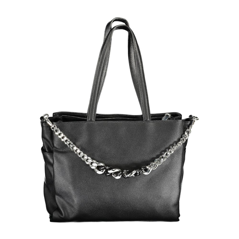 Shopper Tote Convertible Handbag by BYBLOS for women in faux grained leather black features a polished silhouette with a secure snap & zipper, ample external-pockets & internal-pockets, and polished shoulder-strap & handle for a sophisticated look.