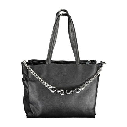 Shopper Tote Convertible Handbag by BYBLOS for women in faux grained leather black features a polished silhouette with a secure snap & zipper, ample external-pockets & internal-pockets, and polished shoulder-strap & handle for a sophisticated look.