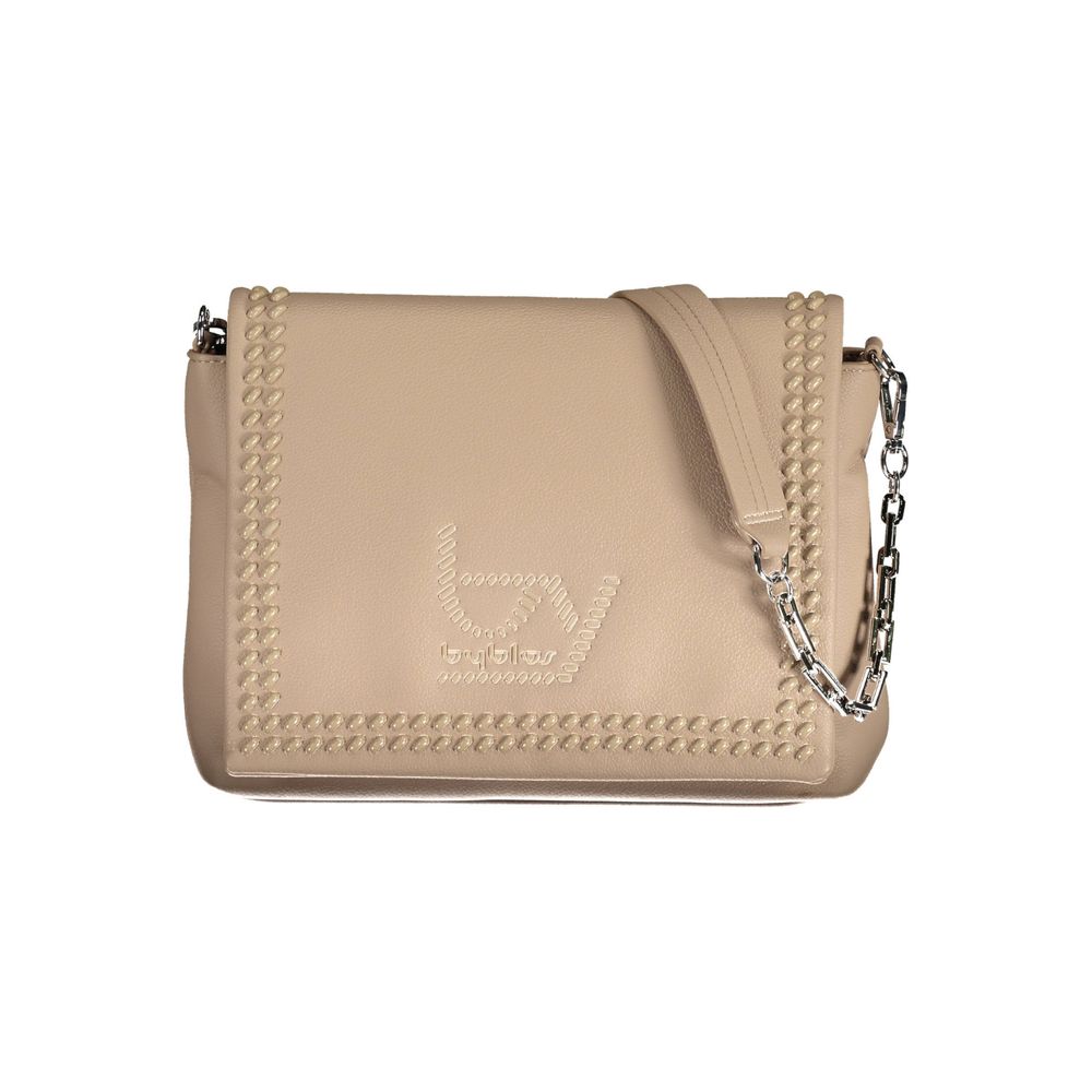 Shoulder Convertible Handbag by BYBLOS for women in polyethylene faux leather beige features a polished silhouette with a secure snap, ample internal-pockets, and polished shoulder-strap, adjustable-strap, detachable-strap & handle for a sophisticated look.