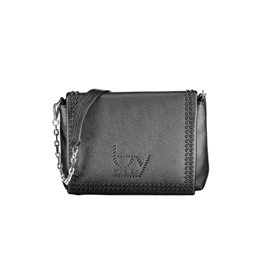Crossbody Convertible Handbag by BYBLOS for women in faux grained leather black features an exquisite silhouette, showcasing a secure snap, ample internal-pockets, and versatile crossbody-strap, shoulder-strap, adjustable-strap & handle for exquisite style.