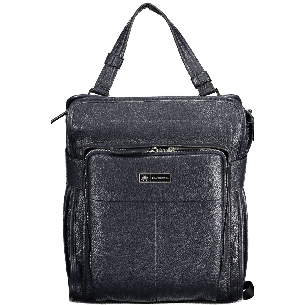 Backpack by La Martina for women in faux grained leather blue showcases a stately Faux Grained Leather Backpack design, featuring a secure zipper with stately external-pockets, internal-pockets & laptop-compartment and versatile handle, backpack-strap & adjustable-strap.