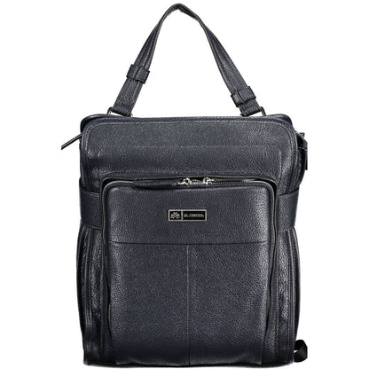 Backpack by La Martina for women in faux grained leather blue showcases a stately Faux Grained Leather Backpack design, featuring a secure zipper with stately external-pockets, internal-pockets & laptop-compartment and versatile handle, backpack-strap & adjustable-strap.