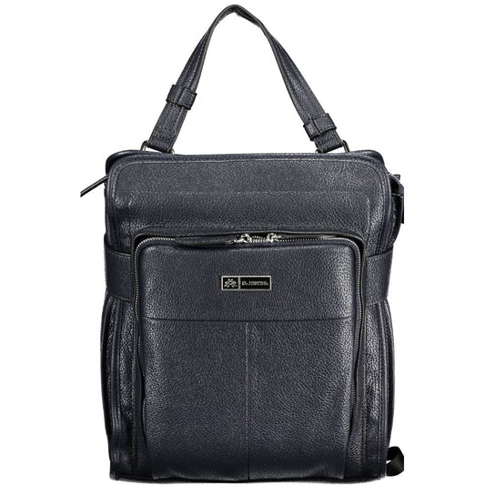 Backpack by La Martina for women in faux grained leather blue showcases a stately Faux Grained Leather Backpack design, featuring a secure zipper with stately external-pockets, internal-pockets & laptop-compartment and versatile handle, backpack-strap & adjustable-strap.