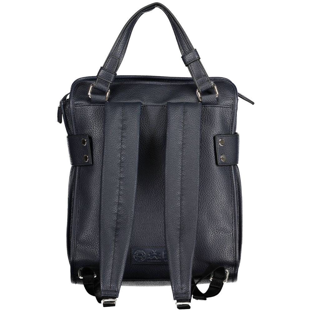 Backpack by La Martina for women in faux grained leather blue features a architectural Faux Grained Leather Backpack design with a secure zipper, ample external-pockets, internal-pockets & laptop-compartment, and versatile handle, backpack-strap & adjustable-strap for a architectural finish.