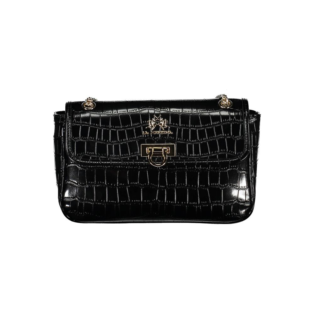 Shoulder Handbag by La Martina for women in polyethylene black features a ornamental silhouette, showcasing a secure snap & hook, ample external-pockets & internal-pockets, and ornamental shoulder-strap for a sophisticated look.