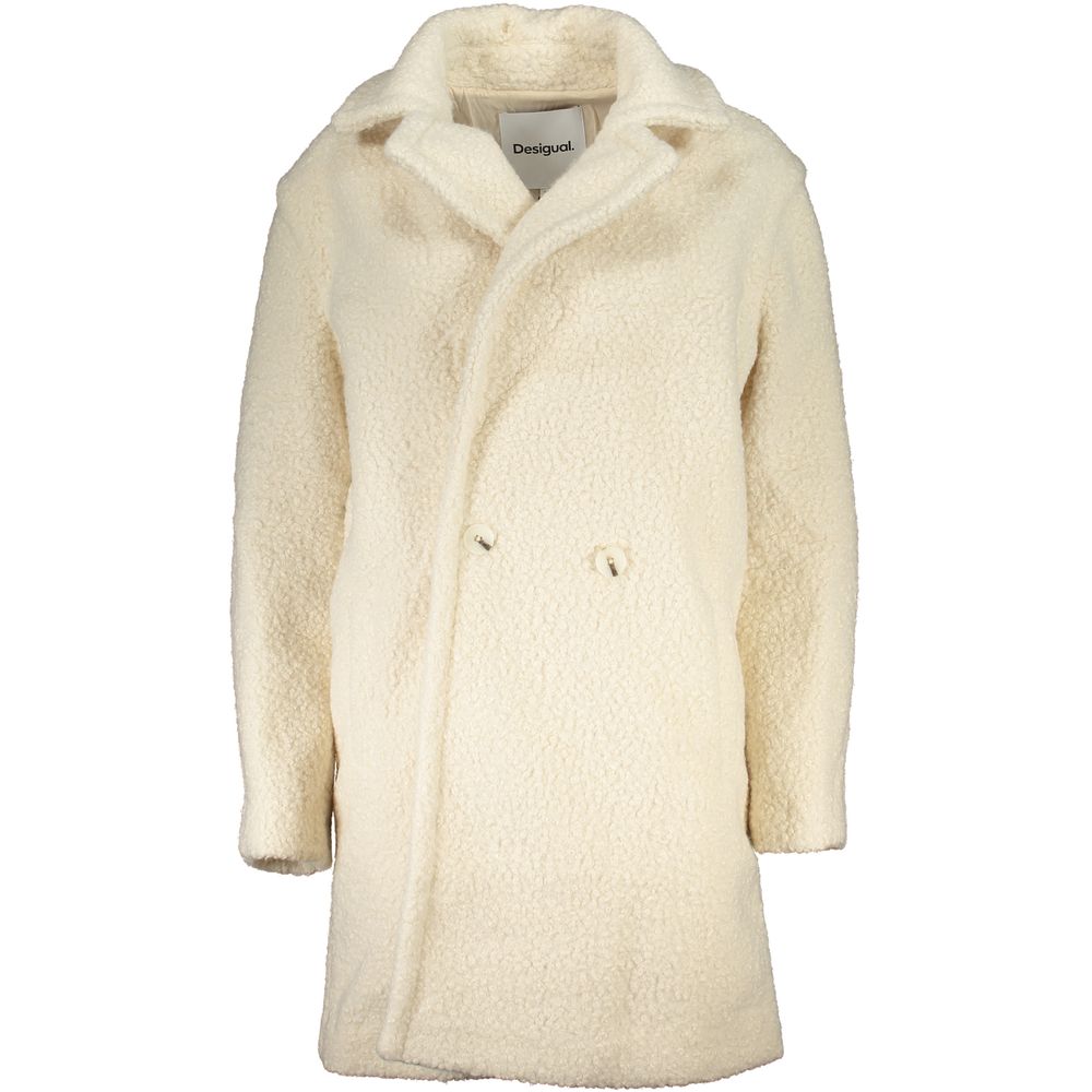 Overcoat by Desigual for women in polyester white presents a luxurious silhouette, showcasing a luxurious and sophisticated pockets for a premium, luxurious look.