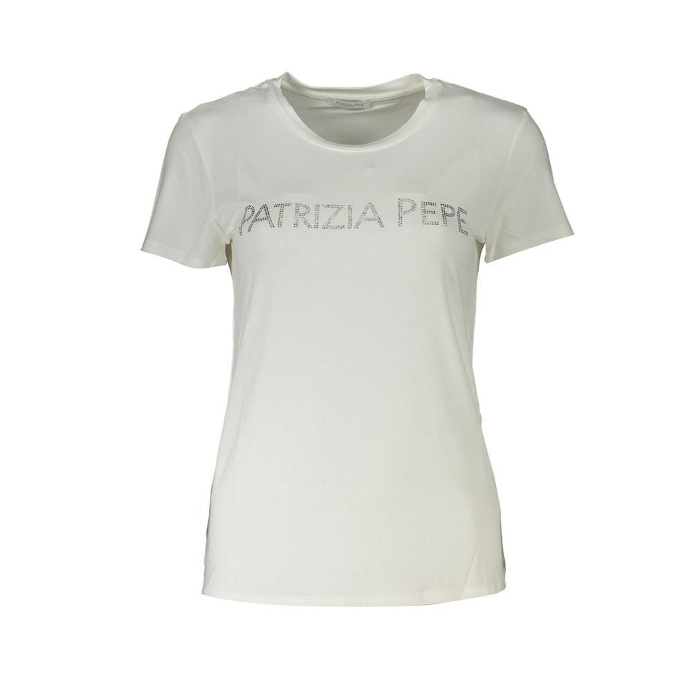T-Shirt by Patrizia Pepe for women in stretch organic cotton & rhinestone white features an edgy silhouette, meticulously detailed with a sophisticated short-sleeve and crew neckline for a truly edgy finish.
