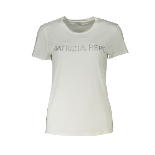 T-Shirt by Patrizia Pepe for women in stretch organic cotton & rhinestone white features an edgy silhouette, meticulously detailed with a sophisticated short-sleeve and crew neckline for a truly edgy finish.