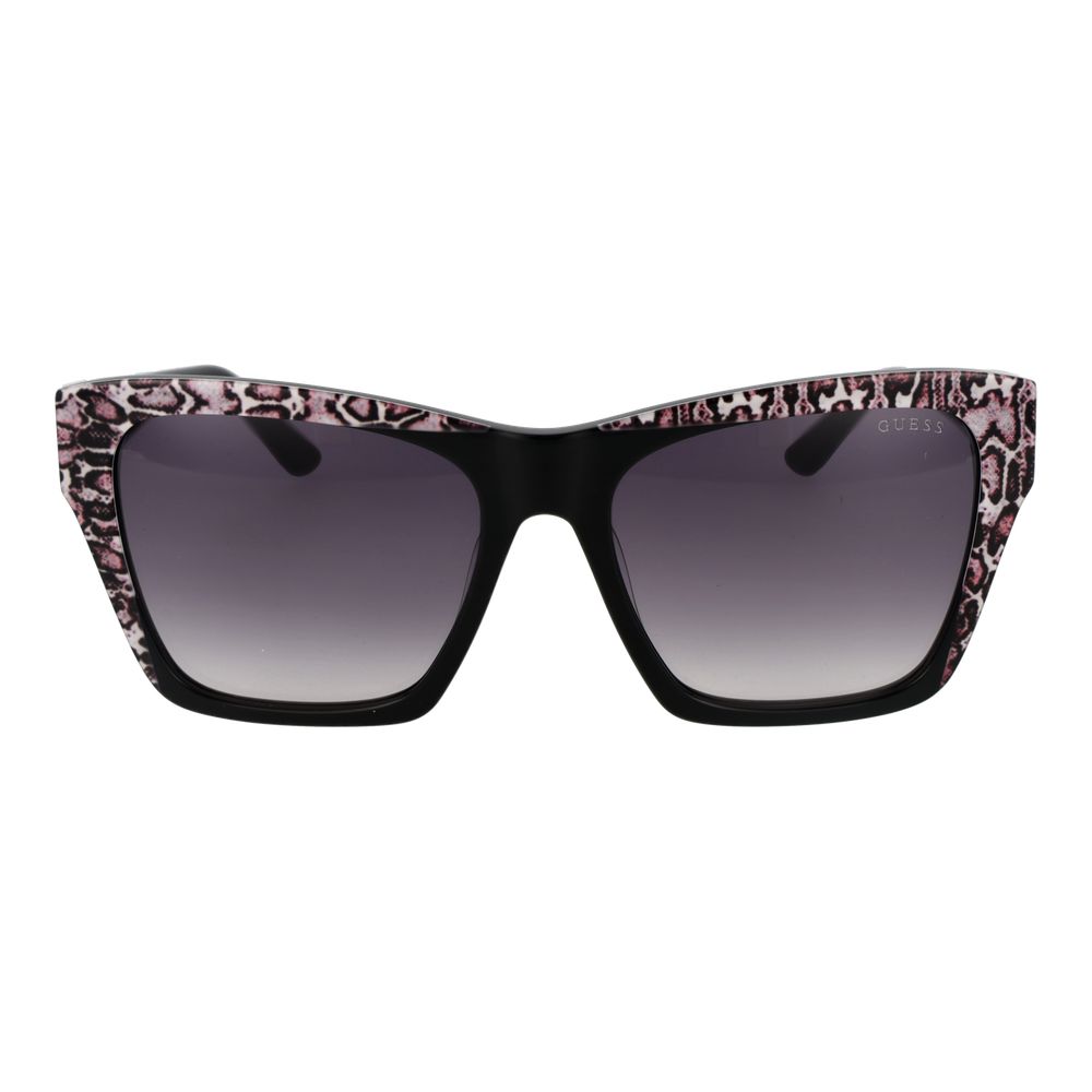 Sunglasses by Guess for women in acetate black features an lustrous full-rim square frame design with black coloured frame detailing and gradient category-3-dark-tint lens for a lustrous aesthetic.