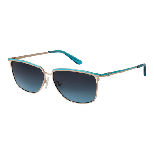 This Sunglasses by Guess for women in metal gold presents a sumptuous silhouette, showcasing a sumptuous rectangle full-rim frame design in gold coloured frame and high-performance gradient category-3-dark-tint lens.