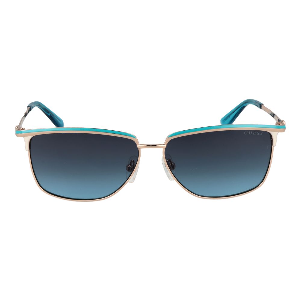 Sunglasses by Guess for women in metal gold features a sumptuous silhouette, showcasing a sumptuous rectangle full-rim frame design in gold coloured frame with high-performance gradient category-3-dark-tint lens.