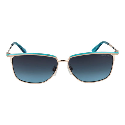 Sunglasses by Guess for women in metal gold features a sumptuous silhouette, showcasing a sumptuous rectangle full-rim frame design in gold coloured frame with high-performance gradient category-3-dark-tint lens.