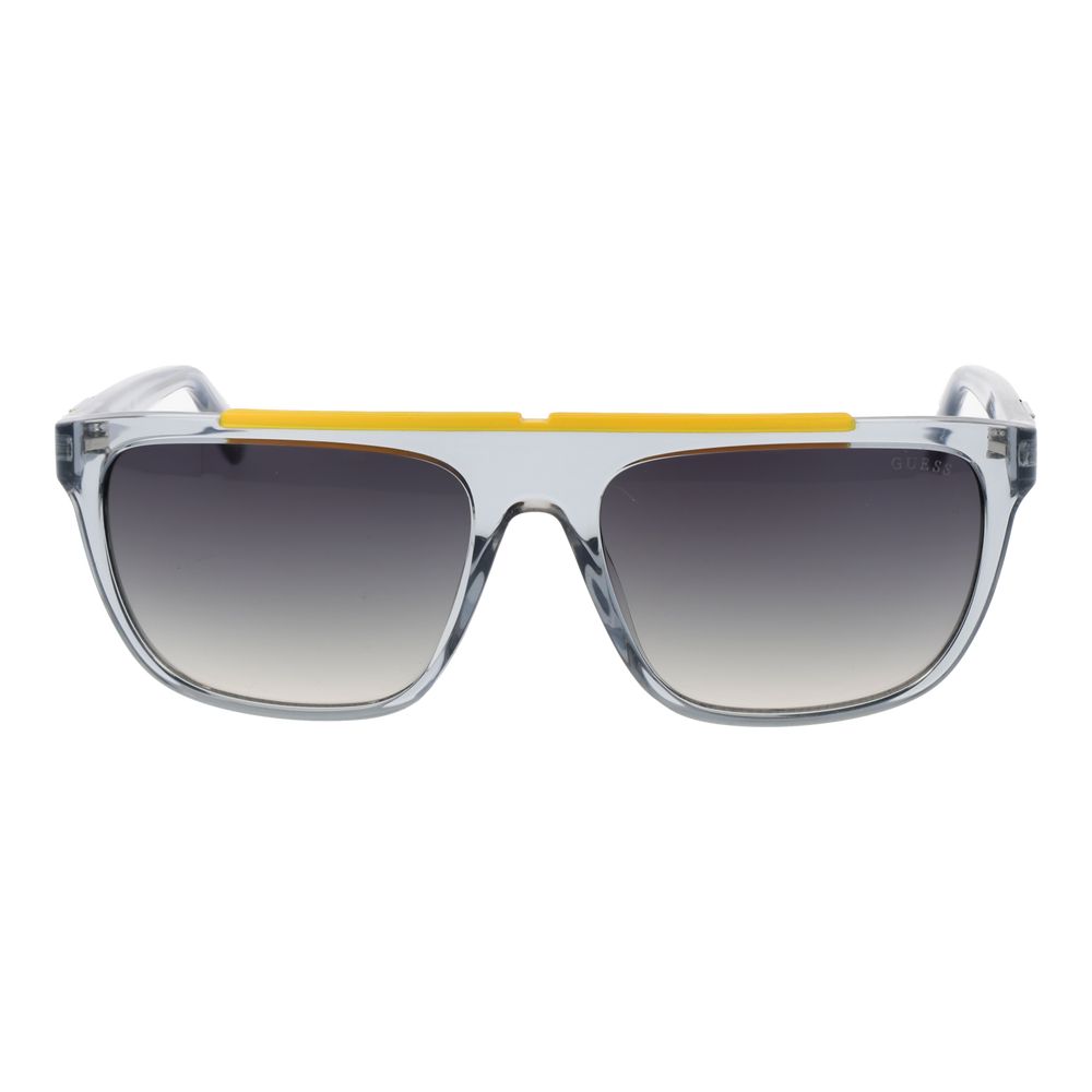 This Sunglasses by Guess for men in stainless steel gray presents a sumptuous silhouette, showcasing a sumptuous rectangle full-rim frame design in gray coloured frame and high-performance gradient category-3-dark-tint lens.