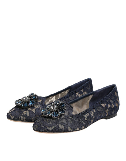 Dolce & Gabbana Women's Leather Nylon Cotton & Viscose Slippers Flat Shoes - Dark Blue Floral