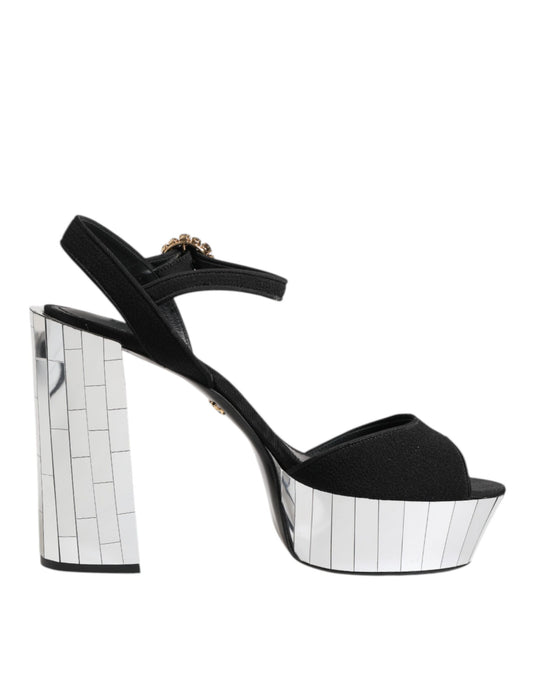Dolce & Gabbana Women's Crystal Leather Viscose & Wool Ankle Strap Sandals - Black Silver