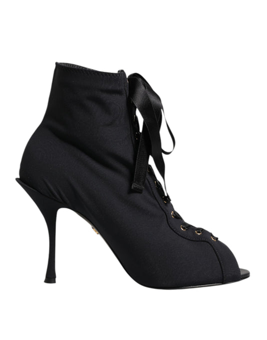 Dolce & Gabbana Women's Nylon Polyester Elastane & Leather Stiletto Lace-Up Ankle Boots - Black