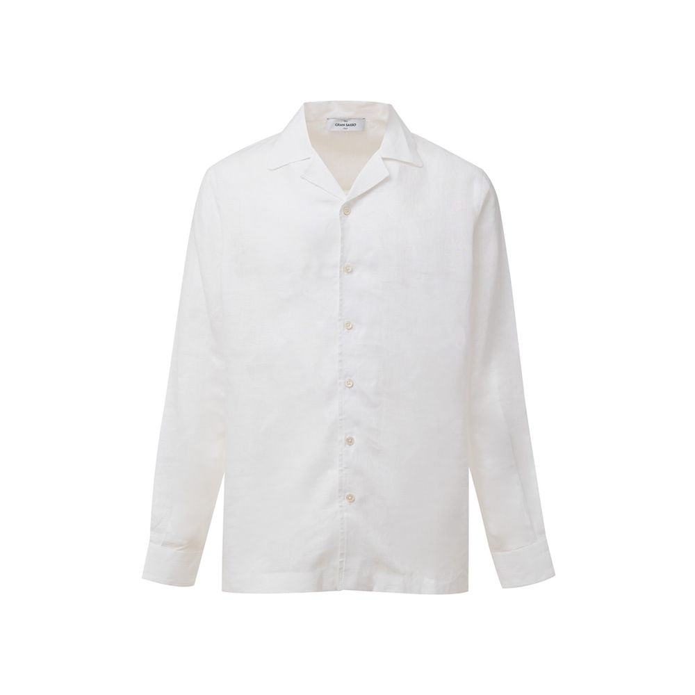 Shirt by Gran Sasso for men in linen white showcases a sharp silhouette, elegantly detailed with a sharp v-neck neckline and sharp long-sleeve.