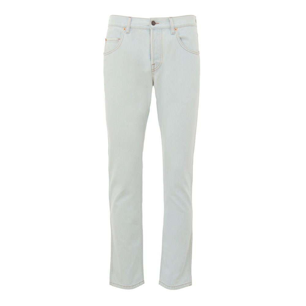 Jeans by Gucci for men in cotton denim & leather gold & light-blue features an sophisticated and relaxed-fit with a precise long, creating a sophisticated and sophisticated silhouette.