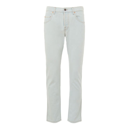 Jeans by Gucci for men in cotton denim & leather gold & light-blue features an sophisticated and relaxed-fit with a precise long, creating a sophisticated and sophisticated silhouette.