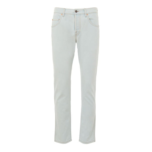 Jeans by Gucci for men in cotton denim & leather gold & light-blue features an sophisticated and relaxed-fit with a precise long, creating a sophisticated and sophisticated silhouette.