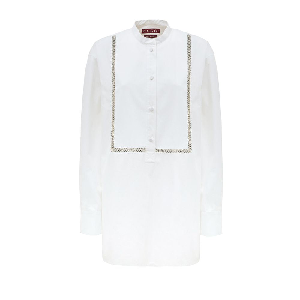 Blouse by Gucci for women in cotton white showcases a sharp silhouette, elegantly detailed with a sharp round neckline and sharp .