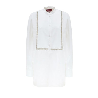Blouse by Gucci for women in cotton white showcases a sharp silhouette, elegantly detailed with a sharp round neckline and sharp .