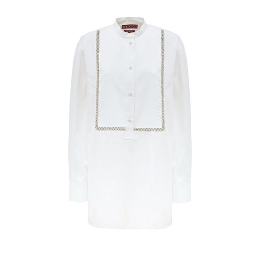 Blouse by Gucci for women in cotton white showcases a sharp silhouette, elegantly detailed with a sharp round neckline and sharp .