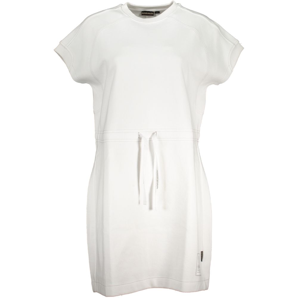Dress by Napapijri for women in cotton white features a dramatic silhouette, showcasing an elegant crew neckline and short-sleeve that flows into a dramatic short.