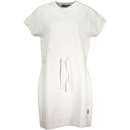 Dress by Napapijri for women in cotton white features a dramatic silhouette, showcasing an elegant crew neckline and short-sleeve that flows into a dramatic short.