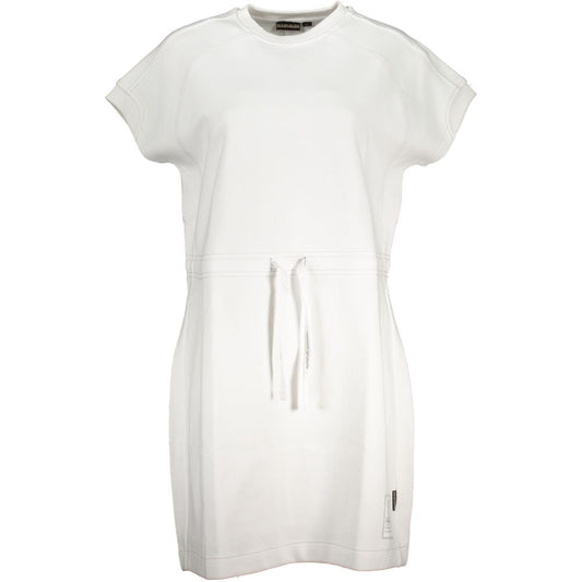 Dress by Napapijri for women in cotton white features a dramatic silhouette, showcasing an elegant crew neckline and short-sleeve that flows into a dramatic short.