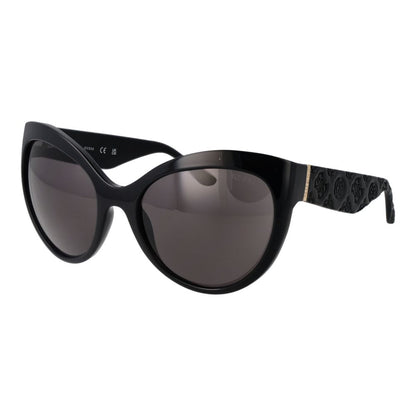 Sunglasses by Guess for women in plastic black showcases a ethereal silhouette, featuring black coloured frame butterfly full-rim frame design with non-polarized category-3-dark-tint lens for a ethereal finish.