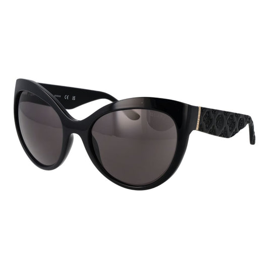 Sunglasses by Guess for women in plastic black showcases a ethereal silhouette, featuring black coloured frame butterfly full-rim frame design with non-polarized category-3-dark-tint lens for a ethereal finish.