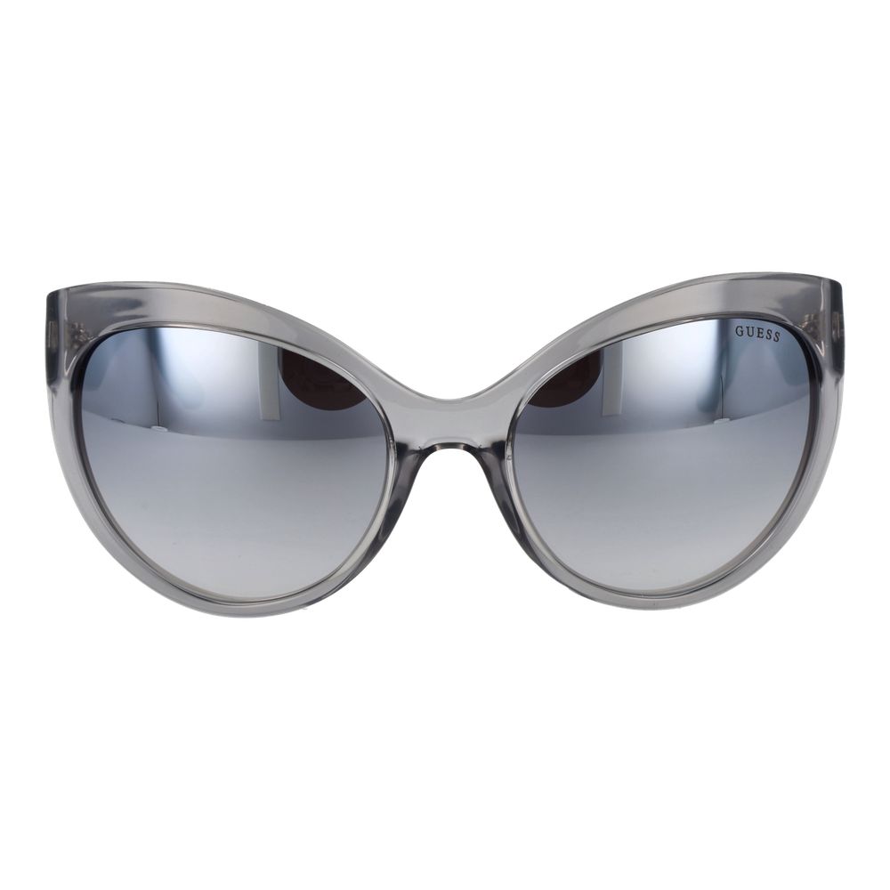 Sunglasses by Guess for women in plastic gray features a sumptuous silhouette, showcasing a sumptuous butterfly full-rim frame design in gray coloured frame with high-performance mirrored category-3-dark-tint lens.