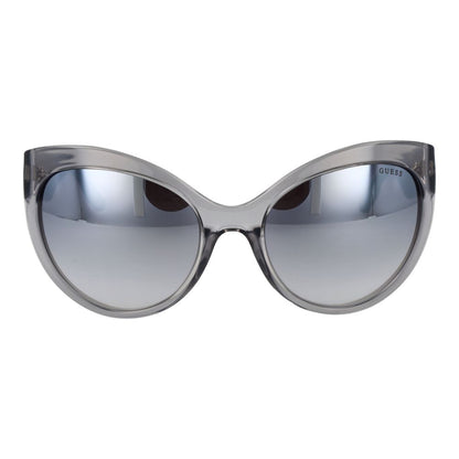 Sunglasses by Guess for women in plastic gray features a sumptuous silhouette, showcasing a sumptuous butterfly full-rim frame design in gray coloured frame with high-performance mirrored category-3-dark-tint lens.