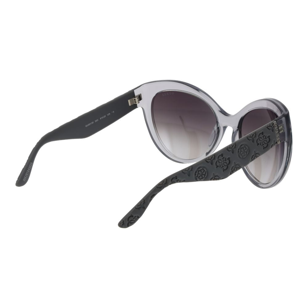 Sunglasses by Guess for women in plastic gray features an lustrous butterfly full-rim frame design with gray coloured frame detailing and mirrored category-3-dark-tint lens for a lustrous aesthetic.