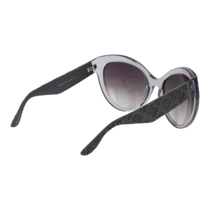 Sunglasses by Guess for women in plastic gray features an lustrous butterfly full-rim frame design with gray coloured frame detailing and mirrored category-3-dark-tint lens for a lustrous aesthetic.