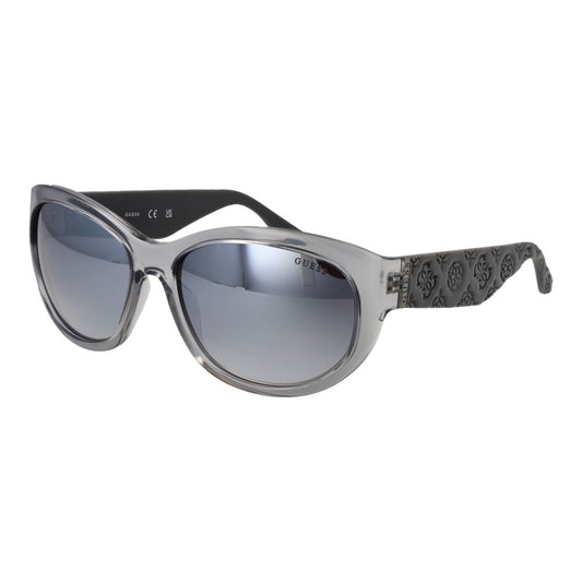 Sunglasses by Guess for women in stainless steel and gray presents a sumptuous silhouette, featuring gray coloured frame and full-rim oval frame design with mirrored category-3-dark-tint lens for a sumptuous look.