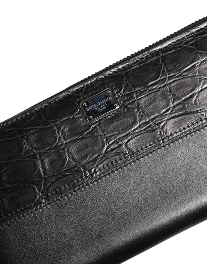 Cardholder Wallet by Dolce & Gabbana for men in caiman & calf leather black presents a streamlined silhouette, showcasing the sophisticated design of the Caiman Calf Leather Cardholder Wallet collection with functional card-organization zip-around coin-purse.