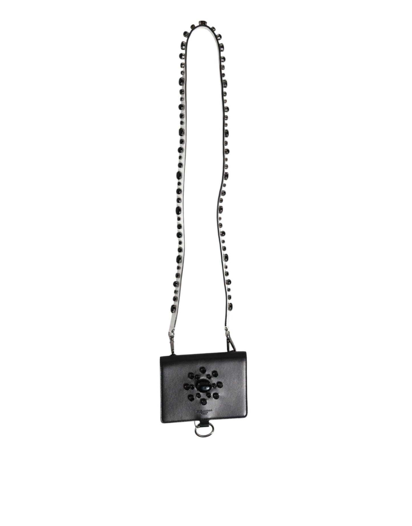 Cardholder Wallet by Dolce & Gabbana for women in brass crystal & calf leather black & silver showcases a refined silhouette, artfully capturing the essence of the refined Brass Crystal Calf Leather Cardholder Wallet design with functional card-organization.